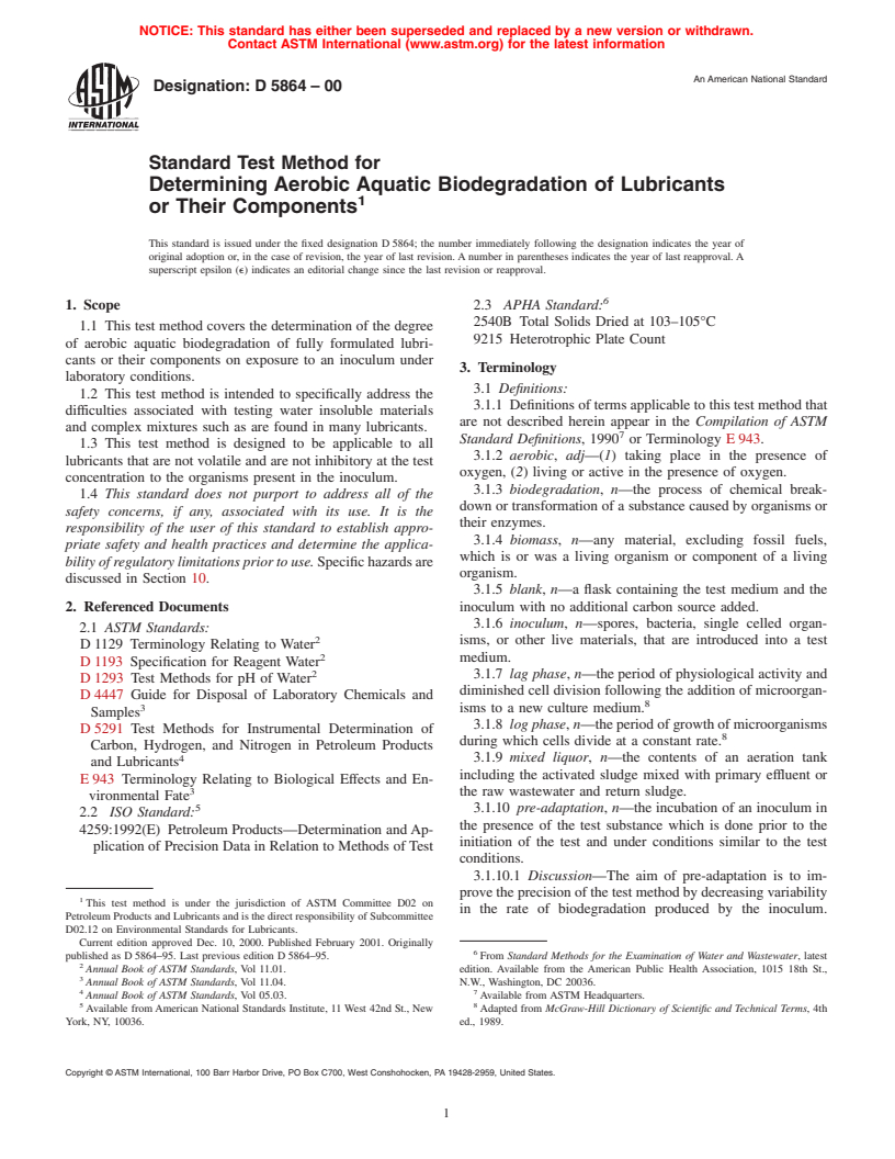 ASTM D5864-00 - Standard Test Method for Determining Aerobic Aquatic Biodegradation of Lubricants or Their Components