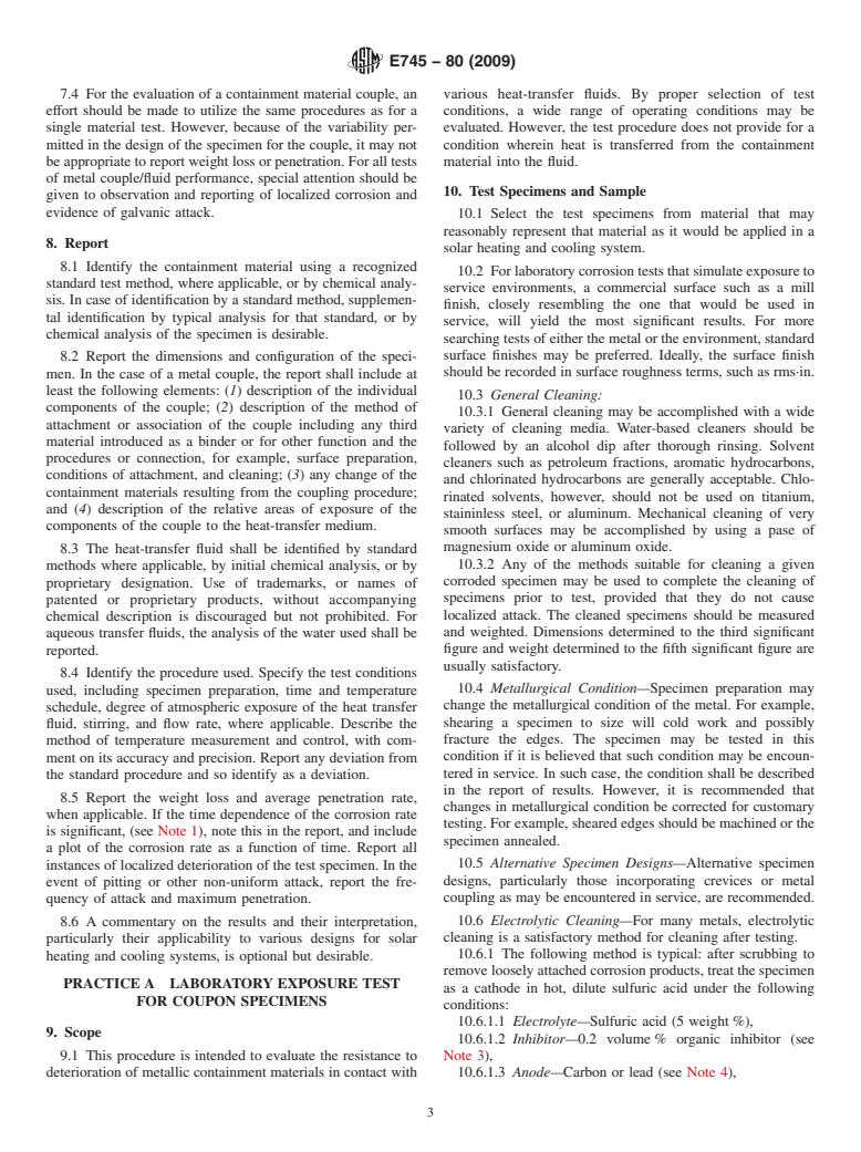 ASTM E745-80(2009) - Standard Practices for Simulated Service Testing for Corrosion of Metallic Containment Materials for Use With Heat-Transfer Fluids in Solar Heating and Cooling Systems (Withdrawn 2018)