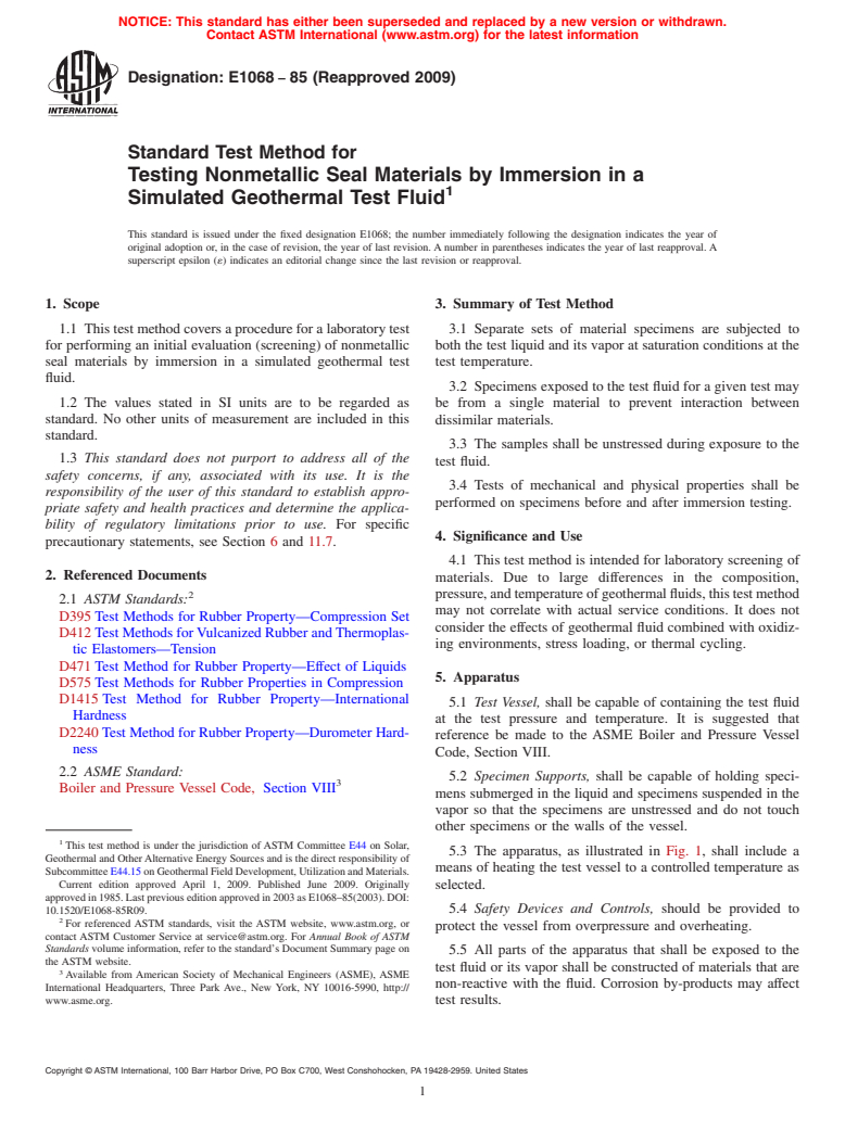 ASTM E1068-85(2009) - Standard Test Method for Testing Nonmetallic Seal Materials by Immersion in a Simulated Geothermal Test Fluid (Withdrawn 2018)