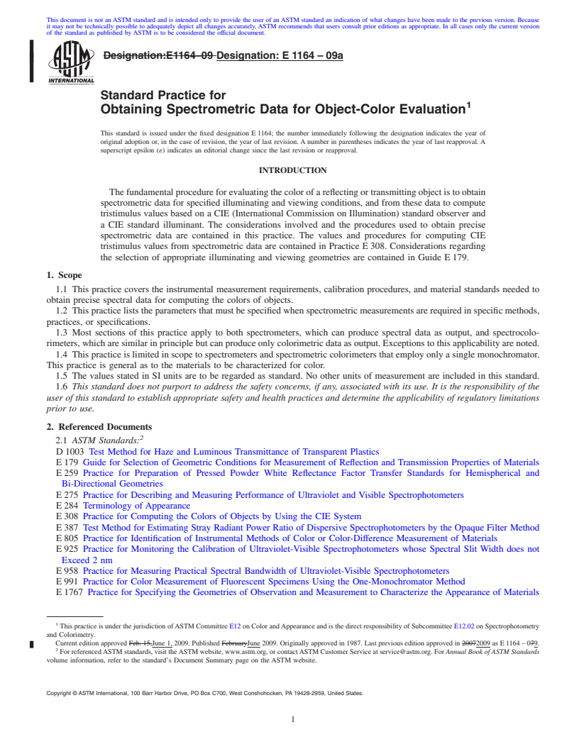 REDLINE ASTM E1164-09a - Standard Practice for Obtaining Spectrometric Data for Object-Color Evaluation