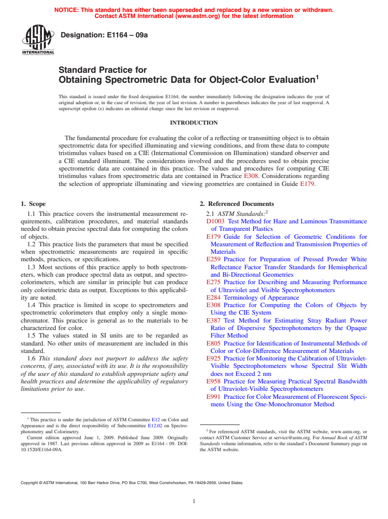 ASTM E1164-09a - Standard Practice for Obtaining Spectrometric Data for Object-Color Evaluation