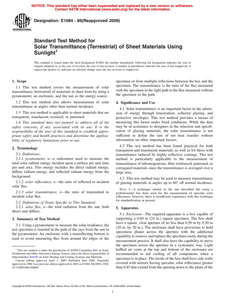 ASTM E1084-86(2009) - Standard Test Method for Solar Transmittance (Terrestrial) of Sheet Materials Using Sunlight