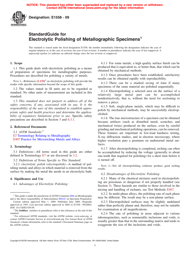 ASTM E1558-09 - Standard Guide for Electrolytic Polishing of Metallographic Specimens