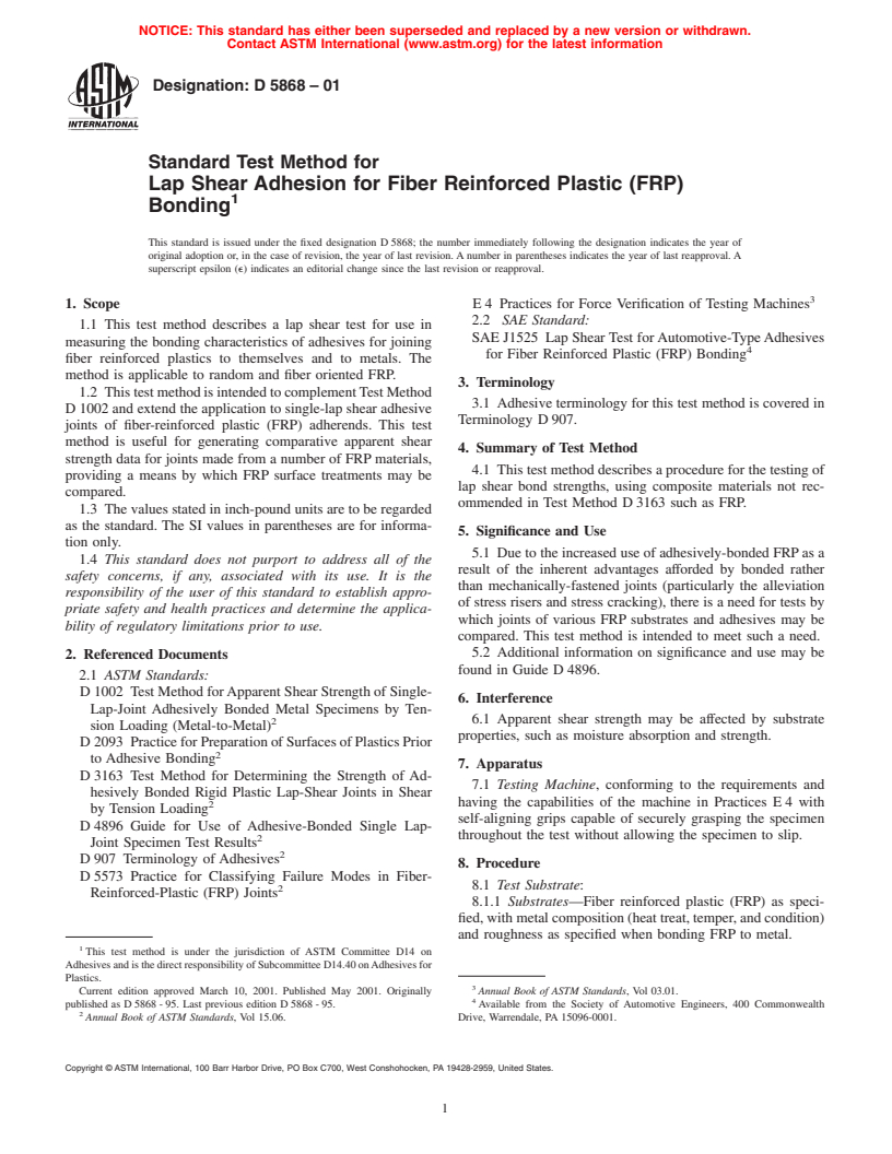 ASTM D5868-01 - Standard Test Method for Lap Shear Adhesion for Fiber Reinforced Plastic (FRP) Bonding