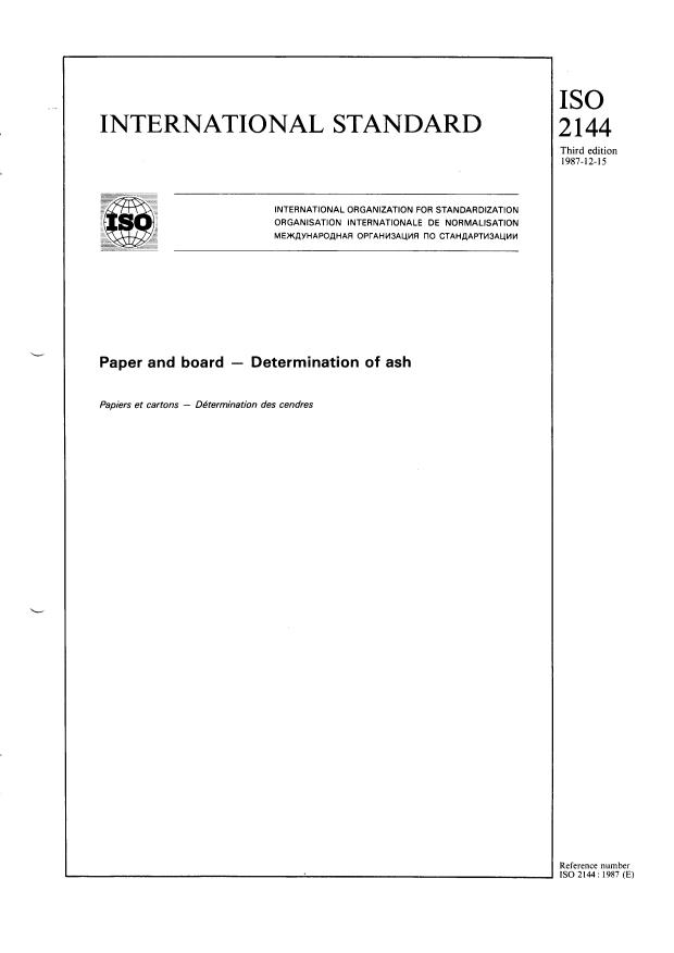 ISO 2144:1987 - Paper and board -- Determination of ash