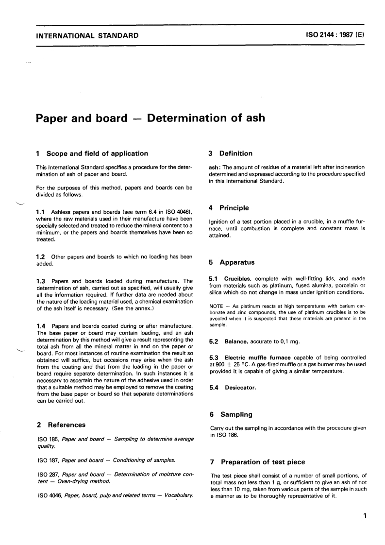 ISO 2144:1987 - Paper and board — Determination of ash
Released:12/10/1987