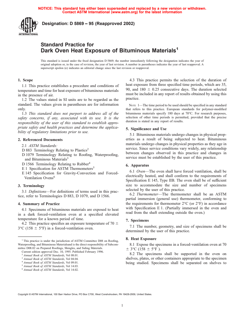 ASTM D5869-95(2002) - Standard Practice for Dark Oven Heat Exposure of Bituminous Materials