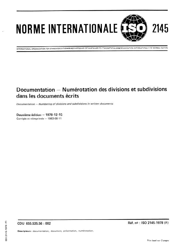 ISO 2145:1978 - Documentation -- Numérotation des divisions et subdivisions dans les documents écrits