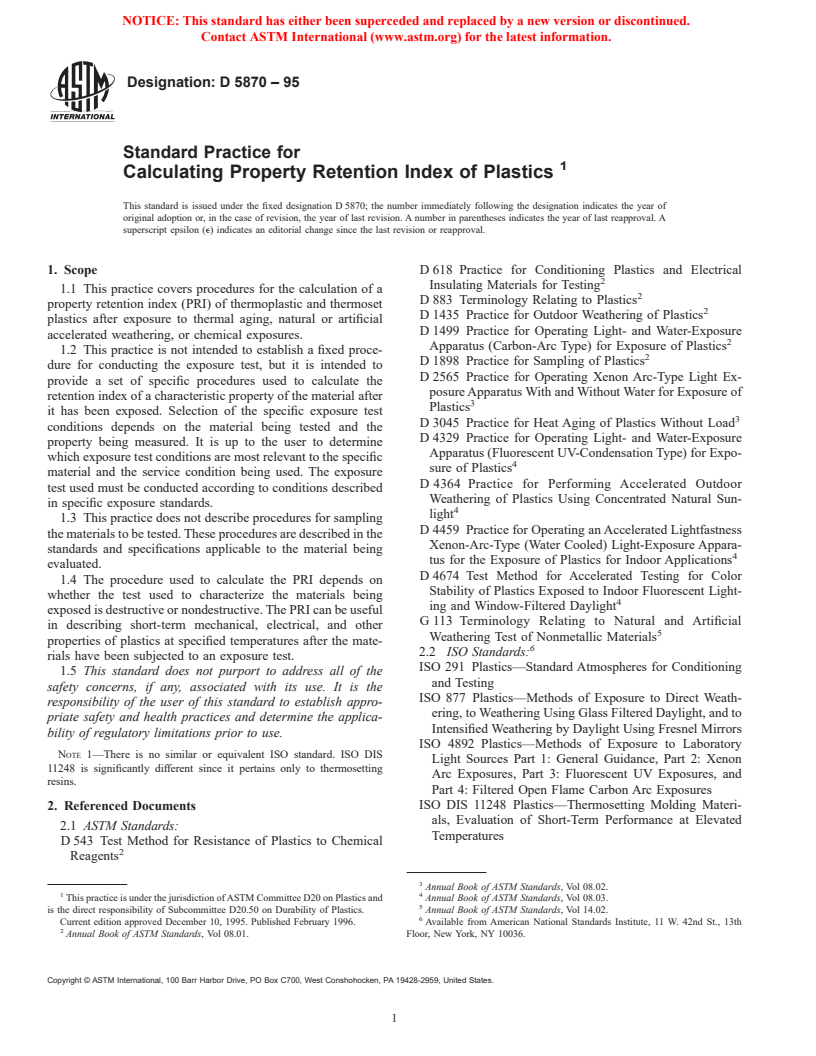 ASTM D5870-95 - Standard Practice for Calculating Property Retention Index of Plastics