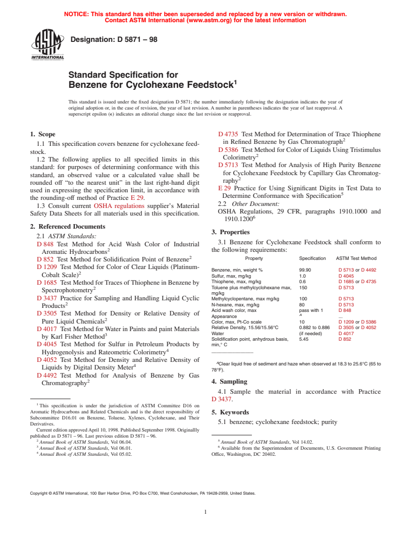 ASTM D5871-98 - Standard Specification for Benzene for Cyclohexane Feedstock