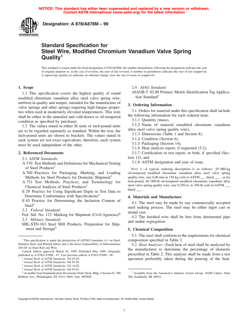 ASTM A878/A878M-99 - Standard Specification for Steel Wire, Modified Chromium Vanadium Valve Spring Quality