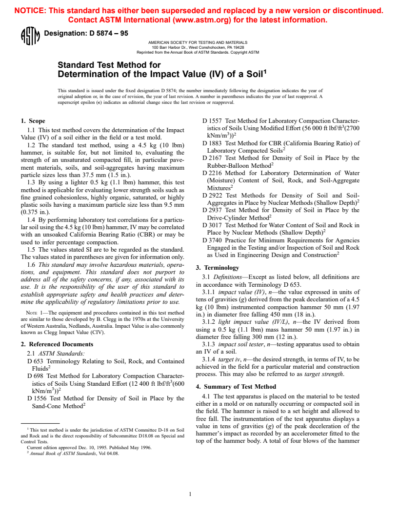 ASTM D5874-95 - Standard Test Method for Determination of the Impact Value (IV) of a Soil