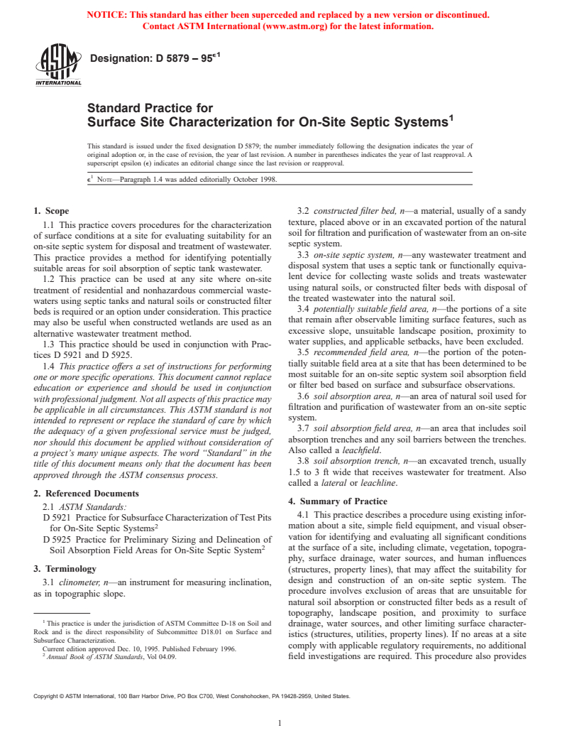 ASTM D5879-95e1 - Standard Practice for Surface Site Characterization for On-Site Septic Systems