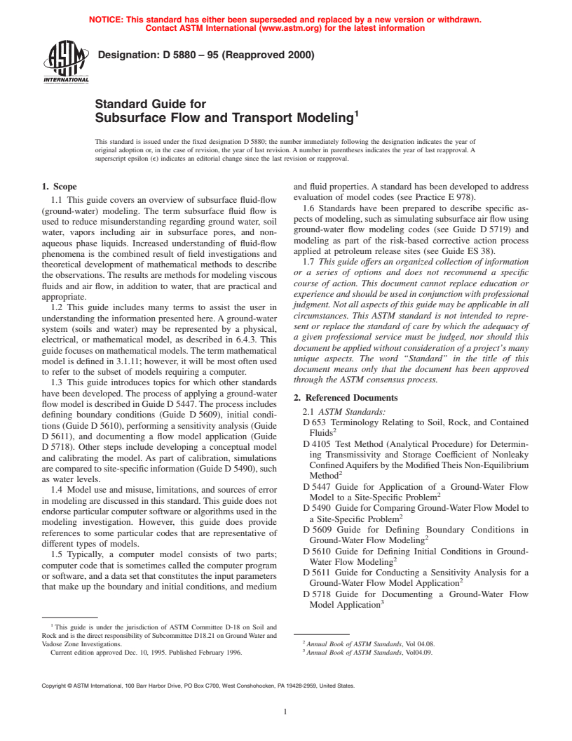 ASTM D5880-95(2000) - Standard Guide for Subsurface Flow and Transport Modeling