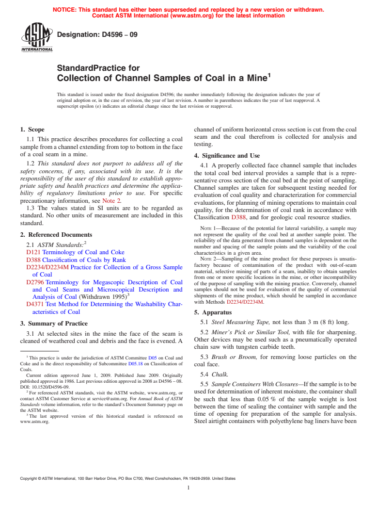 ASTM D4596-09 - Standard Practice for  Collection of Channel Samples of Coal in a Mine