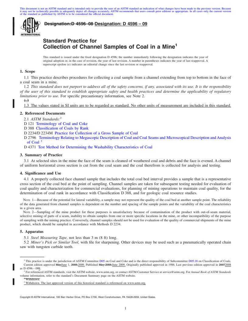 REDLINE ASTM D4596-09 - Standard Practice for  Collection of Channel Samples of Coal in a Mine