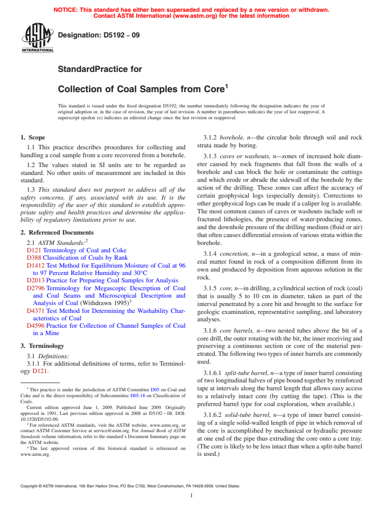 ASTM D5192-09 - Standard Practice for Collection of Coal Samples from Core