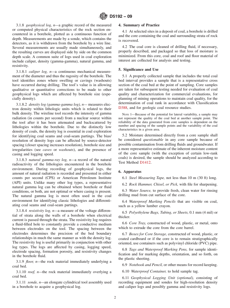 ASTM D5192-09 - Standard Practice for Collection of Coal Samples from Core