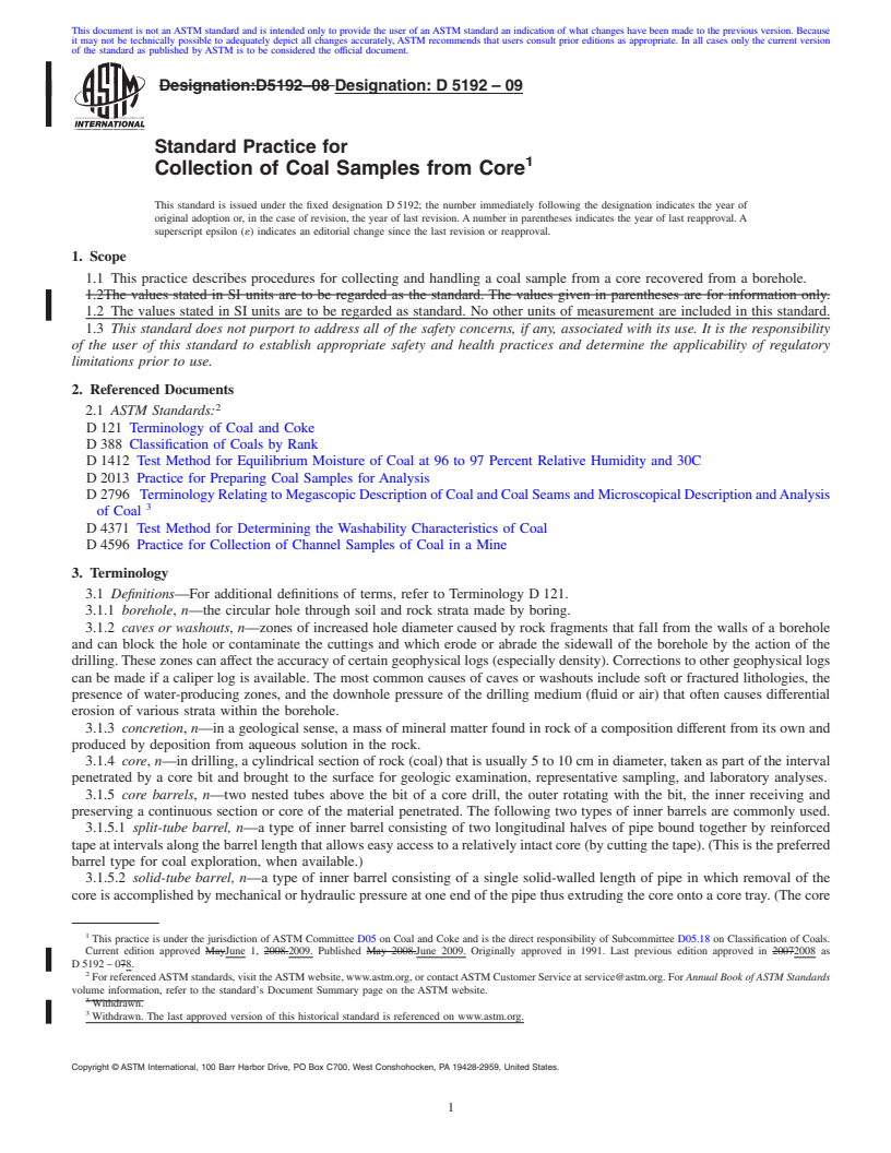 REDLINE ASTM D5192-09 - Standard Practice for Collection of Coal Samples from Core