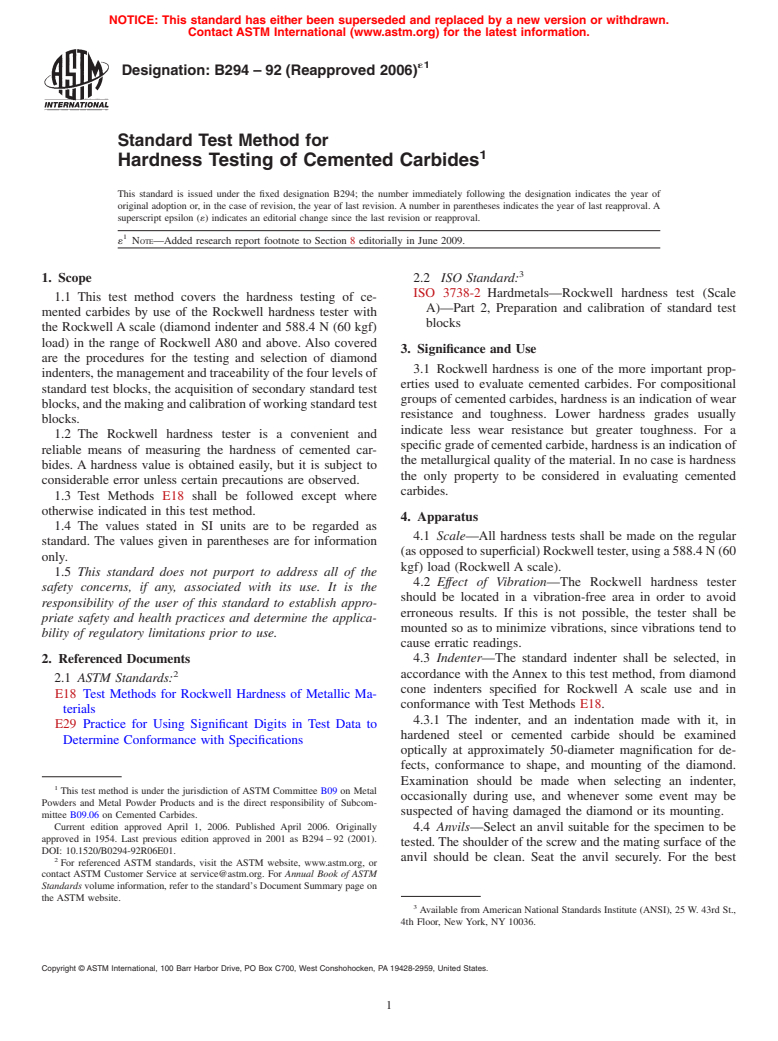 ASTM B294-92(2006)e1 - Standard Test Method for Hardness Testing of Cemented Carbides