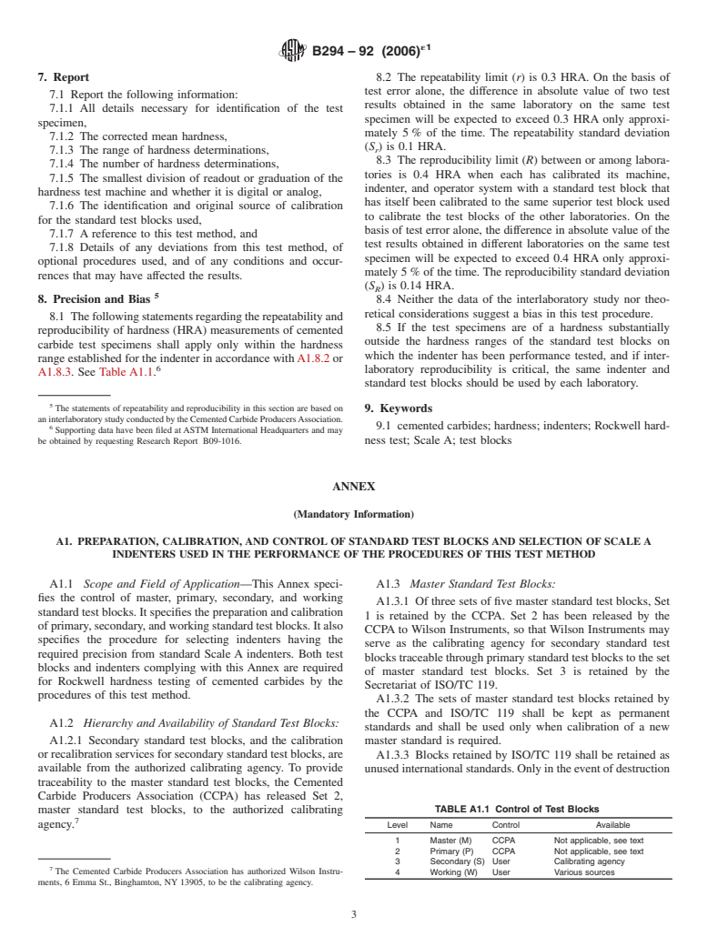 ASTM B294-92(2006)e1 - Standard Test Method for Hardness Testing of Cemented Carbides