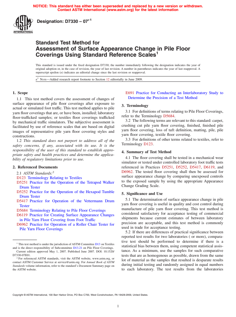 ASTM D7330-07e1 - Standard Test Method for Assessment of Surface Appearance Change in Pile Floor Coverings Using Standard Reference Scales