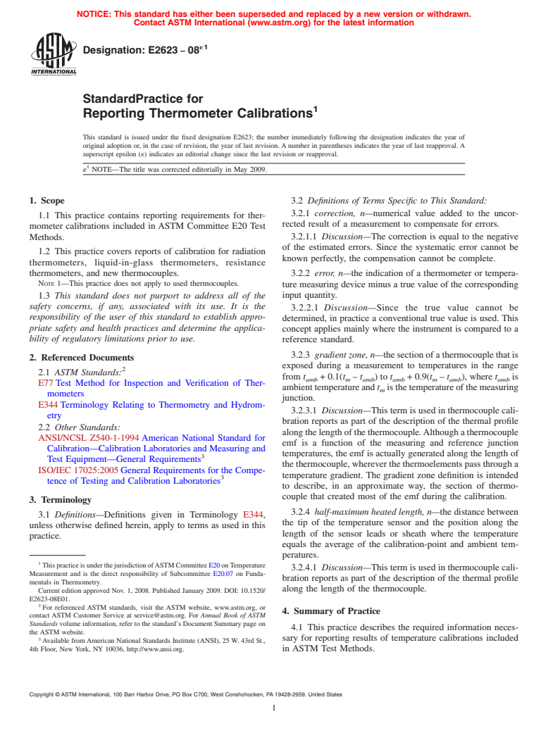 ASTM E2623-08e1 - Standard Practice for Reporting Thermometer Calibrations