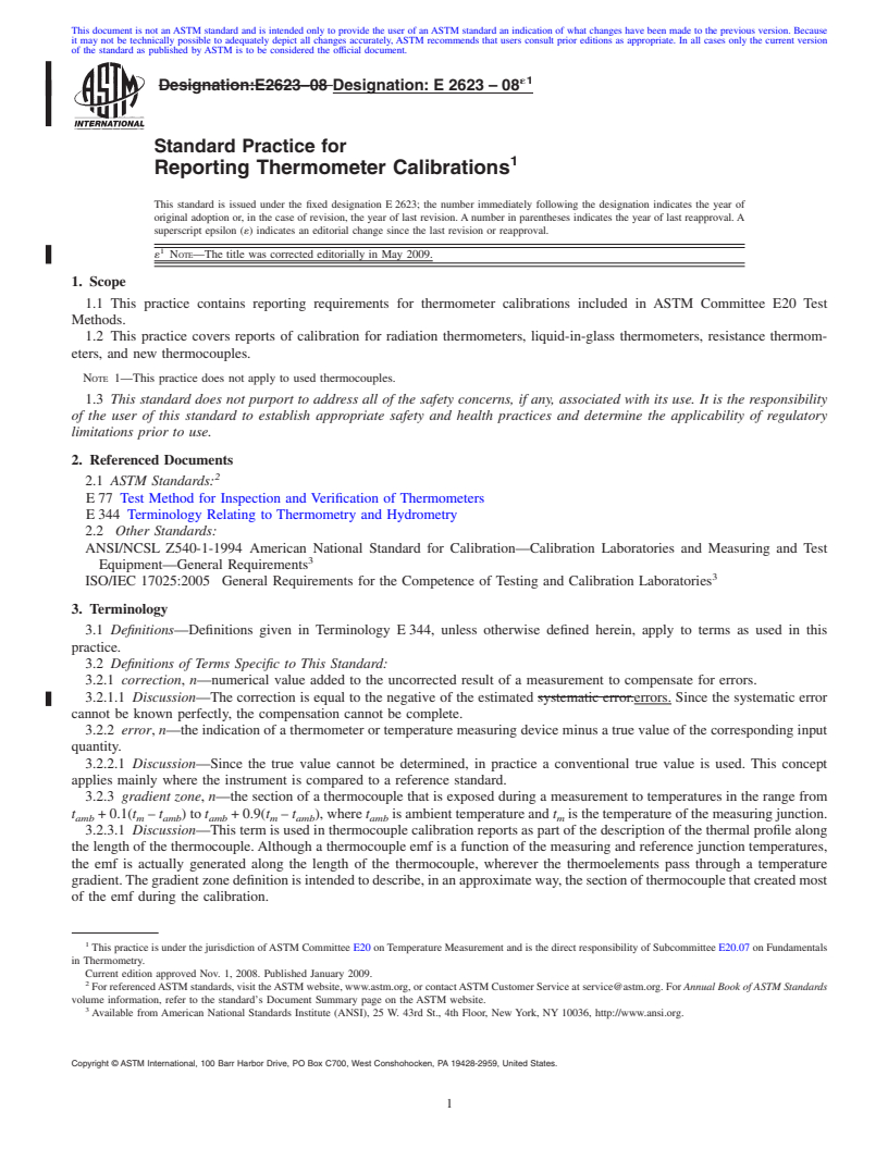 REDLINE ASTM E2623-08e1 - Standard Practice for Reporting Thermometer Calibrations