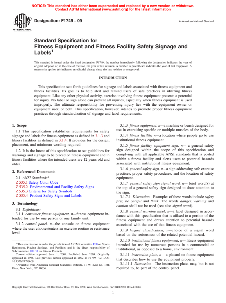 ASTM F1749-09 - Standard Specification for Fitness Equipment and Fitness Facility Safety Signage and Labels