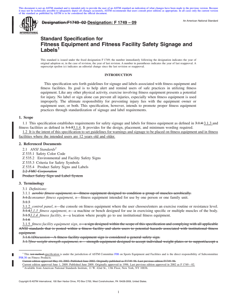 REDLINE ASTM F1749-09 - Standard Specification for Fitness Equipment and Fitness Facility Safety Signage and Labels