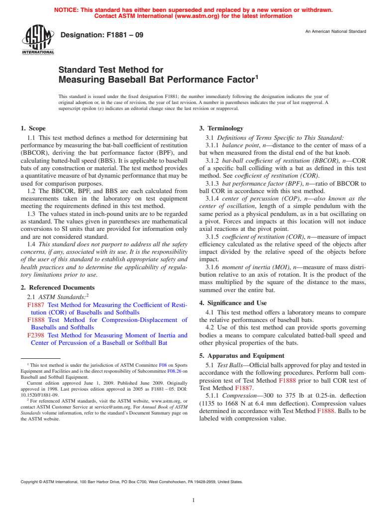 ASTM F1881-09 - Standard Test Method for Measuring Baseball Bat Performance Factor