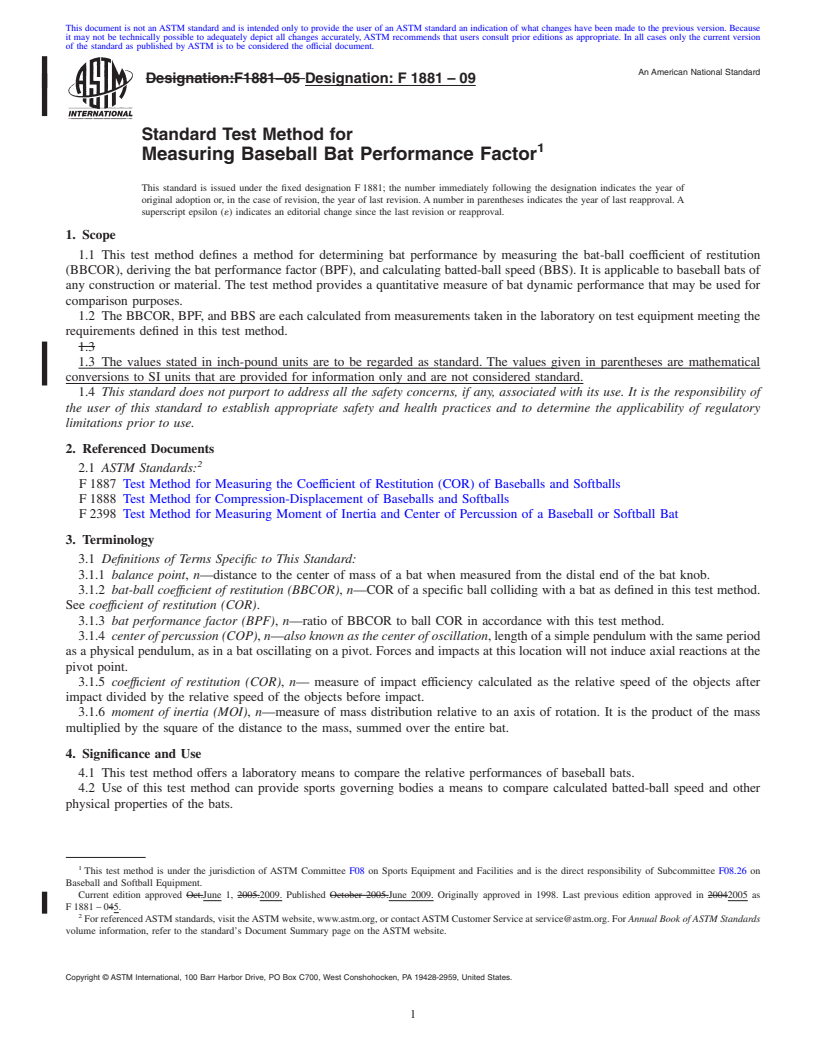 REDLINE ASTM F1881-09 - Standard Test Method for Measuring Baseball Bat Performance Factor