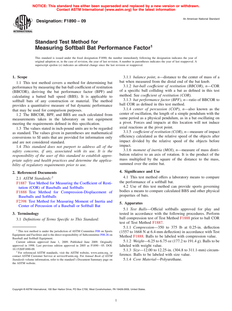 ASTM F1890-09 - Standard Test Method for Measuring Softball Bat Performance Factor