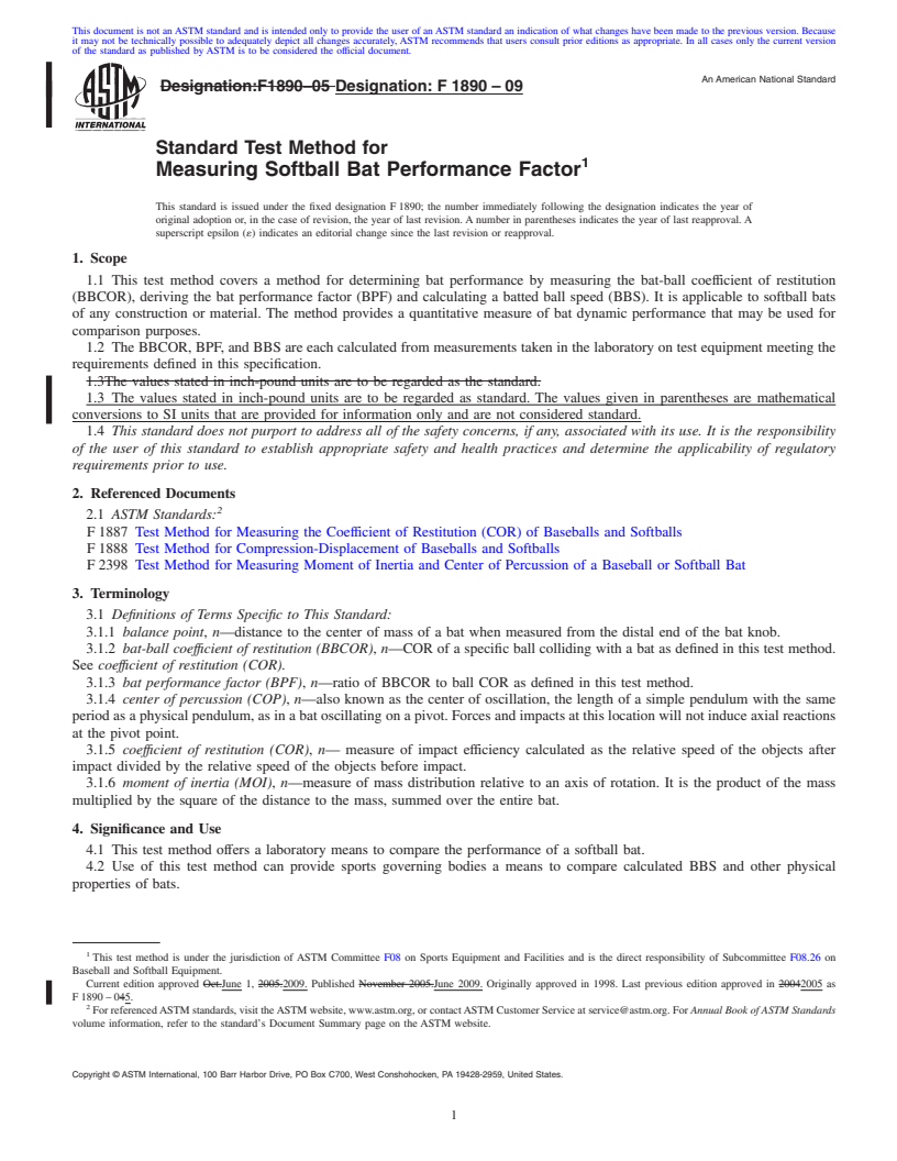 REDLINE ASTM F1890-09 - Standard Test Method for Measuring Softball Bat Performance Factor