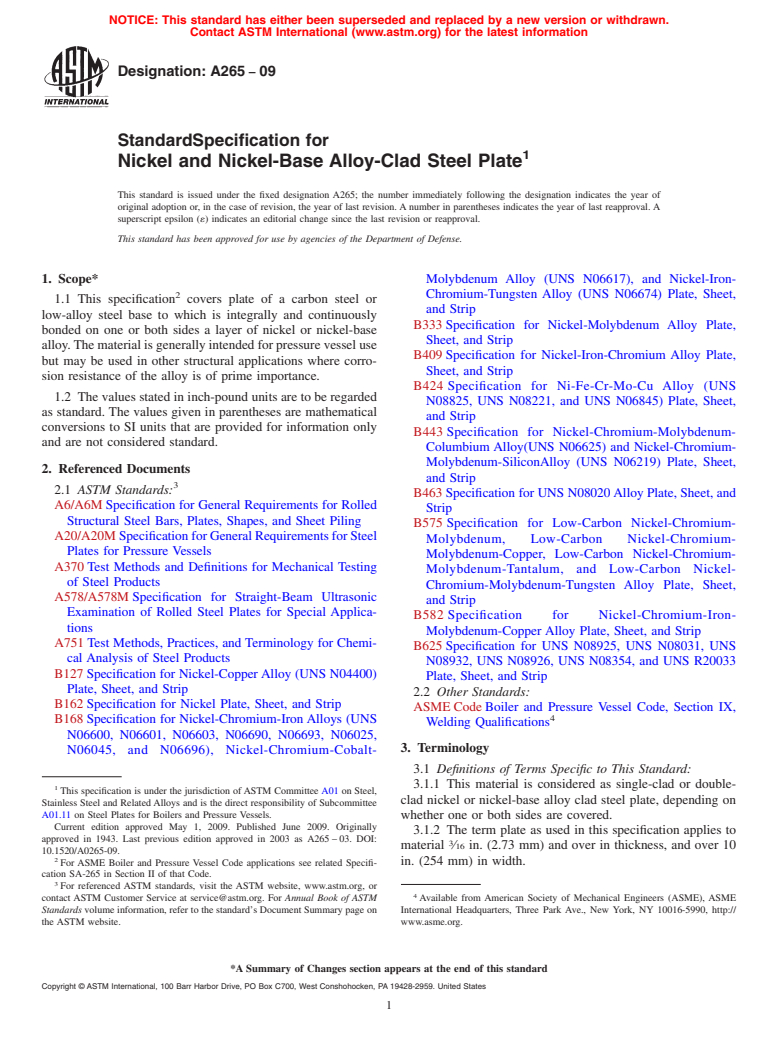 ASTM A265-09 - Standard Specification for Nickel and Nickel-Base Alloy-Clad Steel Plate