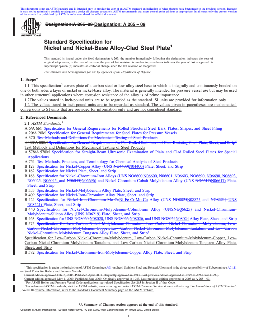 REDLINE ASTM A265-09 - Standard Specification for Nickel and Nickel-Base Alloy-Clad Steel Plate