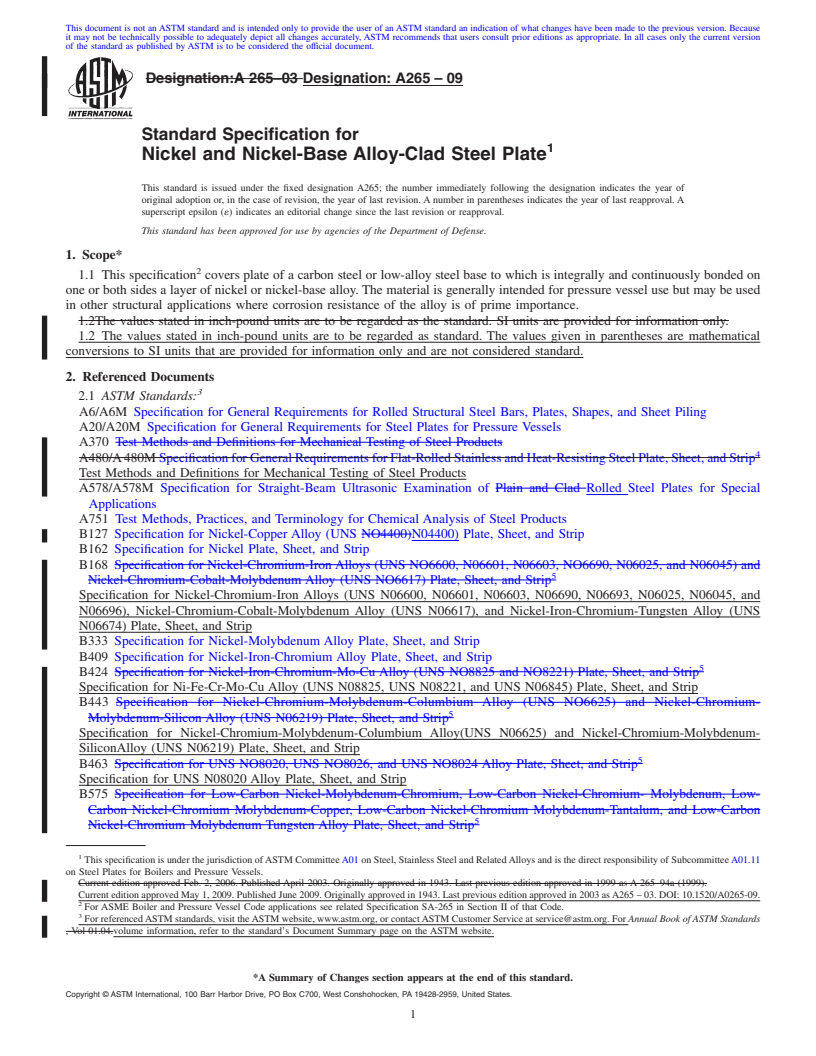 REDLINE ASTM A265-09 - Standard Specification for Nickel and Nickel-Base Alloy-Clad Steel Plate