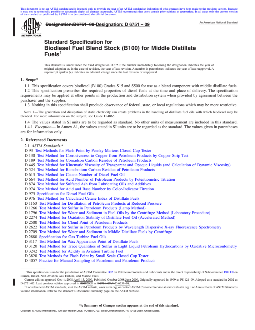 REDLINE ASTM D6751-09 - Standard Specification for Biodiesel Fuel Blend Stock (B100) for Middle Distillate Fuels