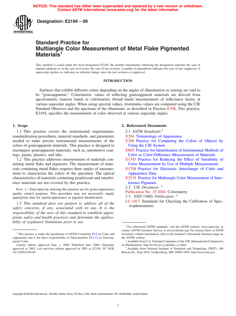 ASTM E2194-09 - Standard Practice for Multiangle Color Measurement of Metal Flake Pigmented Materials