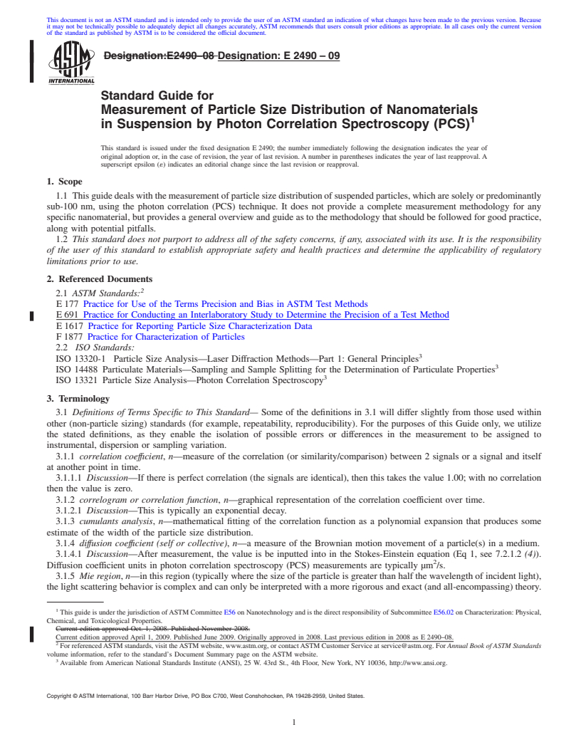 REDLINE ASTM E2490-09 - Standard Guide for Measurement of Particle Size Distribution of Nanomaterials in Suspension by Photon Correlation Spectroscopy (PCS)