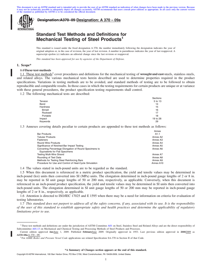 REDLINE ASTM A370-09a - Standard Test Methods and Definitions for  Mechanical Testing of Steel Products