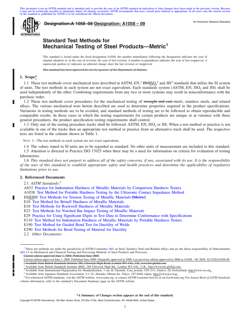 REDLINE ASTM A1058-09 - Standard Test Methods for Mechanical Testing of Steel Products<char: emdash>Metric