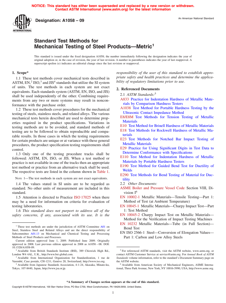 ASTM A1058-09 - Standard Test Methods for Mechanical Testing of Steel Products<char: emdash>Metric