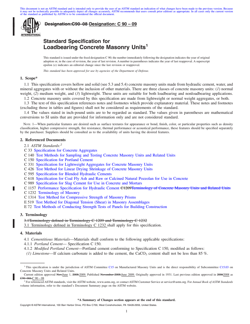 REDLINE ASTM C90-09 - Standard Specification for Loadbearing Concrete Masonry Units