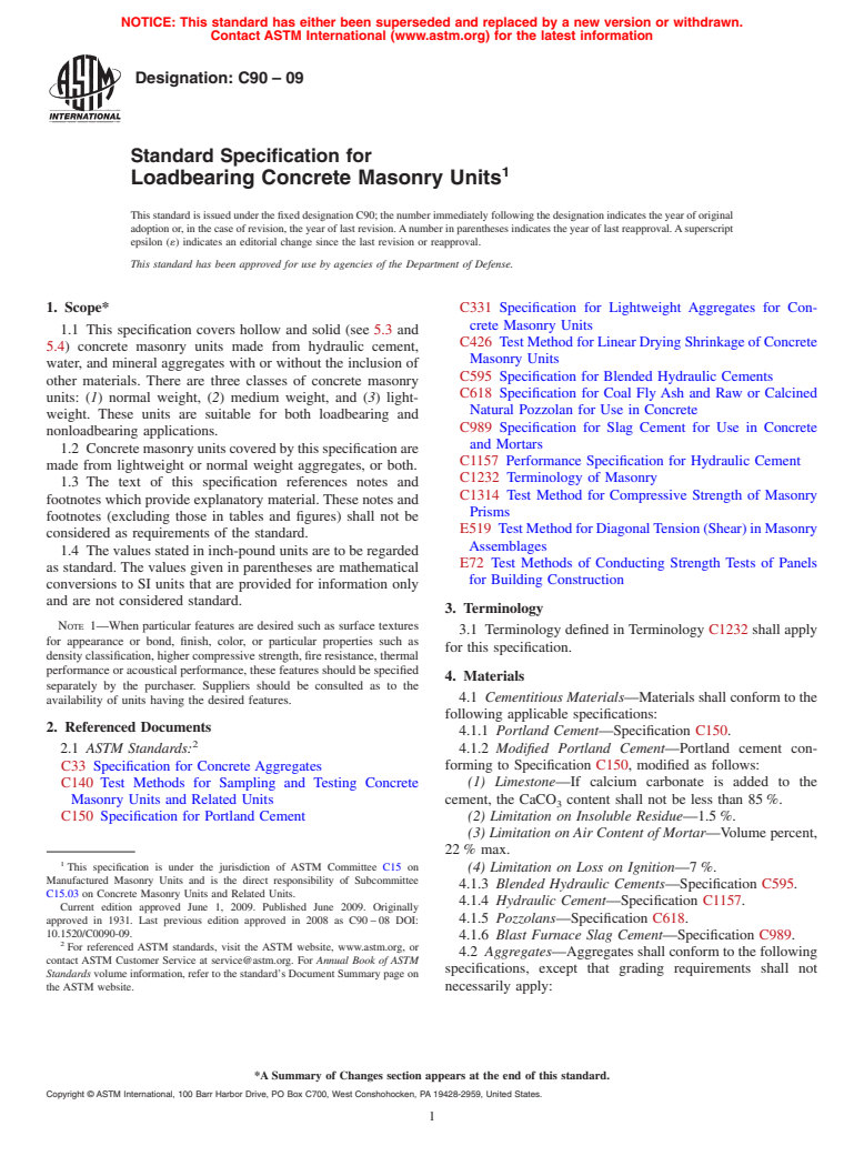 ASTM C90-09 - Standard Specification for Loadbearing Concrete Masonry Units