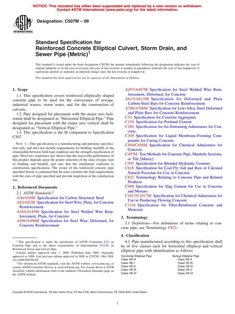 ASTM C507M-09 - Standard Specification for  Reinforced Concrete Elliptical Culvert, Storm Drain, and Sewer Pipe (Metric)