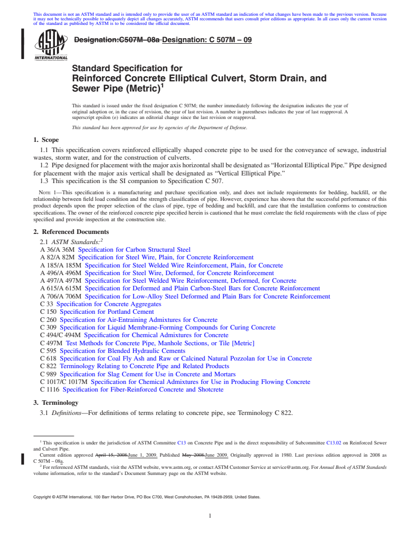 REDLINE ASTM C507M-09 - Standard Specification for  Reinforced Concrete Elliptical Culvert, Storm Drain, and Sewer Pipe (Metric)