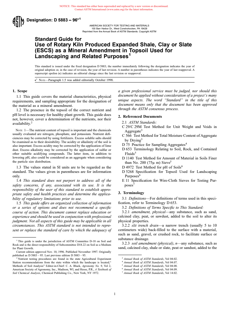 ASTM D5883-96e1 - Standard Guide for Use of Rotary Kiln Produced Expanded Shale, Clay or Slate (ESCS) as a Mineral Amendment in Topsoil Used for Landscaping and Related Purposes