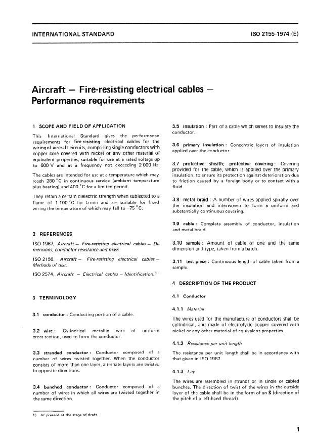 ISO 2155:1974 - Aircraft -- Fire-resisting electrical cables -- Performance requirements