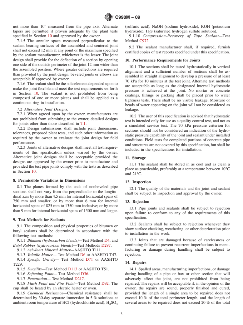 ASTM C990M-09 - Standard Specification for Joints for Concrete Pipe, Manholes, and Precast Box Sections Using Preformed Flexible Joint Sealants (Metric)